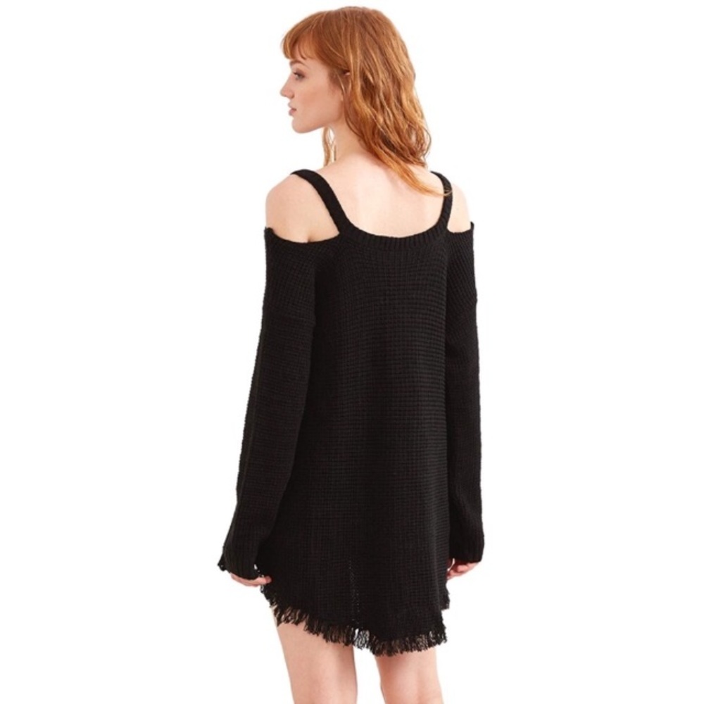 High Low Cold Shoulder Fringe Trim Waffle Knit Sweater - Picture 2 of 8
